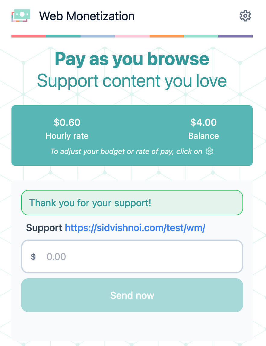 Extension showing an available balance of four dollars, with a success message indicating one dollar was sent