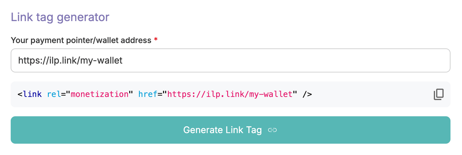 Link tag generator with a test wallet address in the field and a full Web Monetization link tag using the address