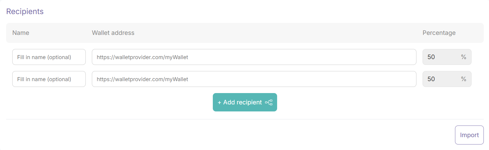 Revshare generator with no information filled in and the import button in the bottom right corner