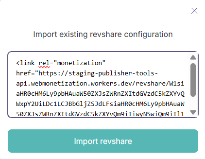 Import existing revshare config screen with a test link tag entered and the import revshare button active