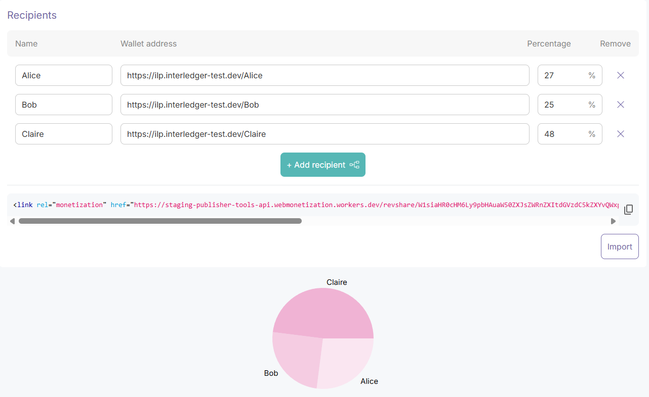 Revshare generator with three wallet addresses, with percentages 27, 25, and 48. The first address will receive 27% of payments while the second address will receive 25% and the third address will receive 48%.