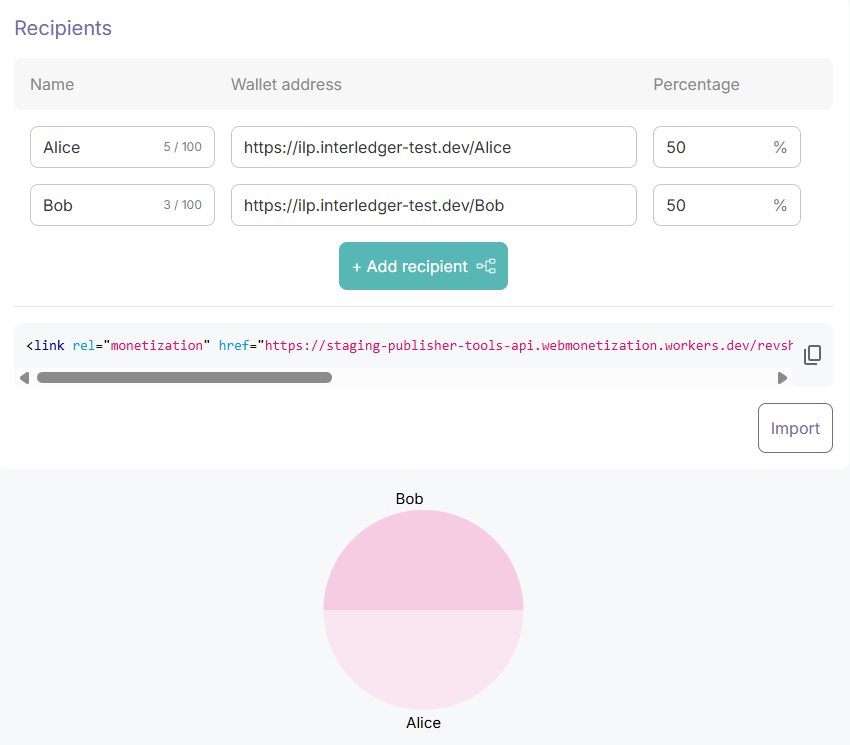 Revshare generator with two wallet addresses, each assigned 50% of payments