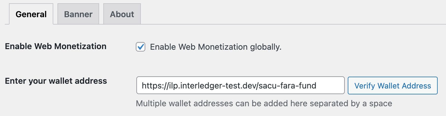 The enter your wallet address field shown under the General tab of the plugin configuration. One address is entered and the verify wallet address button is available.