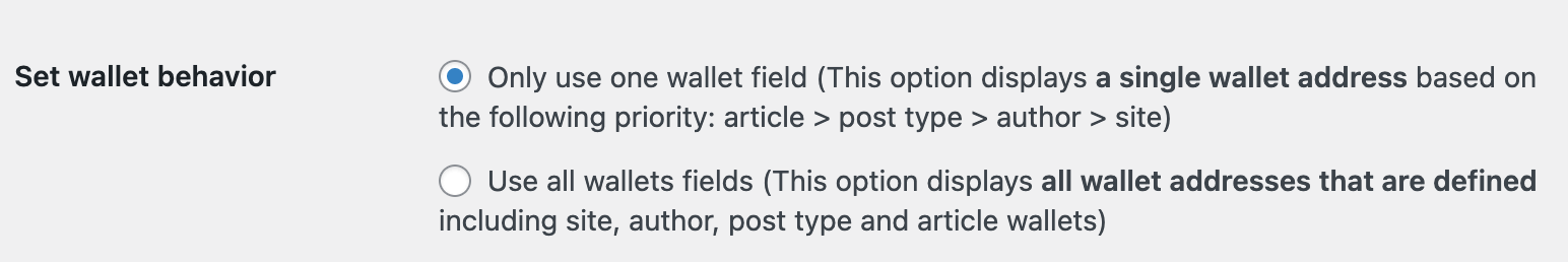 The set wallet behavior section with an option for using one wallet field and an option for using all wallet fields